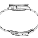 Polished silver wristwatch with ridged bezel and linked stainless steel band.