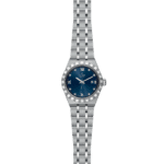 Elegant Tudor watch with blue dial, stainless steel case, and Roman numeral hour markers.