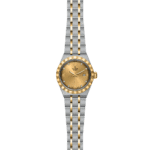 Elegant Tudor watch featuring a stainless steel and gold design with diamond accents.