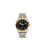 Elegant Tudor watch with stainless steel and gold components, featuring a sleek black dial.