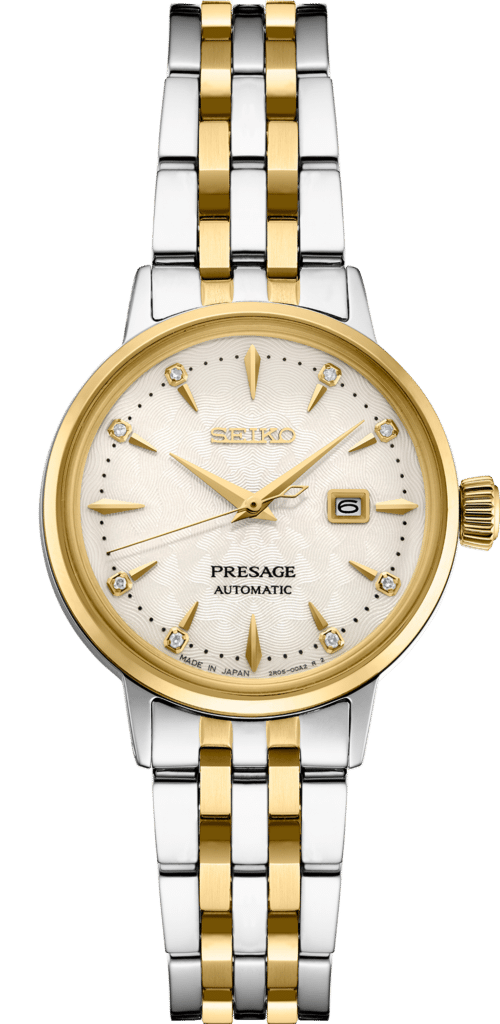 Elegant Seiko Presage automatic watch with gold and silver tones, sparkling gemstones, and sophisticated design.