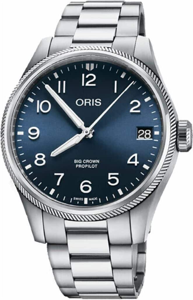 Oris Big Crown ProPilot watch in stainless steel with a deep blue dial and large crown.
