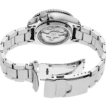 Stylish Seiko stainless steel wristwatch with polished finish and exposed mechanical movement.