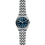 Tudor stainless steel watch with a blue dial, showcasing elegance and precise chronometer function.