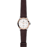 Elegant stainless steel and rose gold watch with white dial and leather strap.