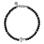 Stylish black bead bracelet with silver cross charm, perfect for casual and formal occasions.