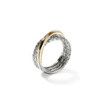 Elegant silver and gold ring with intricate chain pattern, perfect for any occasion.