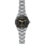 Tudor dive watch with stainless steel bracelet, black dial, and luminous markers ideal for underwater adventures.