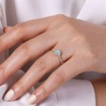 Elegant hand wearing a sparkling aquamarine ring against a soft fabric background.