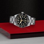 Tudor dive watch on a glossy red surface, highlighting luxury and precision in design.