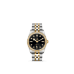 Elegant Tudor watch with black dial, diamond markers, and luxurious two-tone stainless steel and gold design.