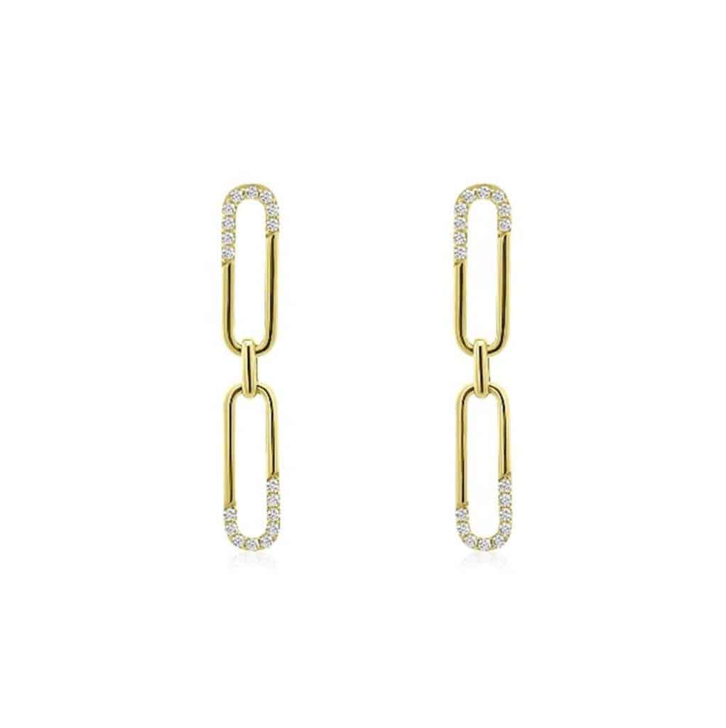 Stylish gold interlocking chain link earrings adorned with crystals, perfect for any occasion.