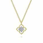 Elegant gold flower pendant necklace with sparkling gemstones, perfect for any occasion.