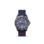 Tudor diving watch with navy blue dial, stainless steel case, and unidirectional bezel.