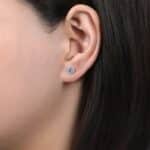 Elegant close-up of a womans ear with stunning blue gemstone stud earrings.