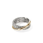 Stylish silver and gold ring with textured chain design for modern elegance and versatility.