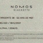 NOMOS Glashütte certificate showcasing TANGENTE 38 model with sleek, modern design and authenticity details.