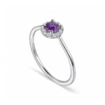 Elegant amethyst halo ring with diamonds in polished white metal, perfect for any occasion.
