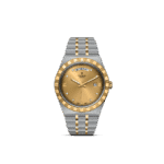 Luxurious Tudor wristwatch featuring a gold dial, diamond markers, and stainless steel bracelet.