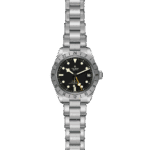 Tudor stainless steel wristwatch with black dial, luminous markers, and elegant design for versatility.