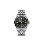 Tudor watch with polished stainless steel, black dial, and elegant design for timeless sophistication.