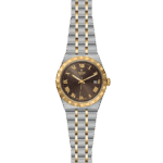Elegant stainless steel and gold watch with a brown sunburst dial and Roman numeral markers.