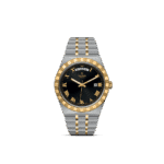 Elegant Tudor watch with black dial, gold accents, and stainless steel bracelet. Perfect blend of luxury.