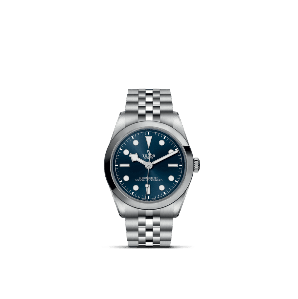 Tudor wristwatch with blue dial, stainless steel case, and chronometer certification for luxury enthusiasts.