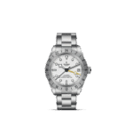 Tudor stainless steel GMT wristwatch with white dial, date window, and yellow GMT hand.