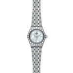 Elegant Tudor watch with stainless steel case, mother-of-pearl dial, diamond markers, and classic design.