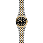 Tudor two-tone luxury watch with black dial, gold accents, and elegant bracelet design.