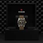 Tudor dive watch in elegant box, featuring black dial, gold bezel, and olive green strap.