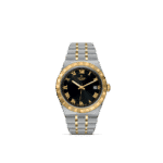Tudor luxury watch features a black dial, gold bezel, and steel bracelet for timeless elegance.