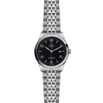 Elegant Tudor watch with a polished stainless steel case and luxurious black guilloché dial.