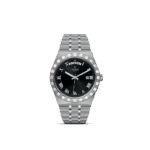 Elegant Tudor wristwatch with stainless steel case, black dial, and Roman numerals.