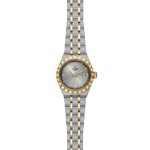 Elegant Tudor watch with gold accents, diamond markers, and stainless steel bracelet for luxury appeal.