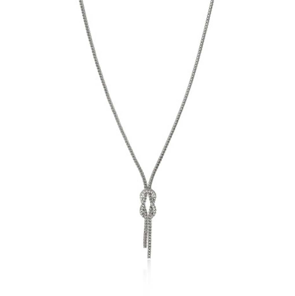 Elegant silver knot necklace with shimmering gemstones, perfect for any occasion.