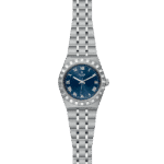 Elegant Tudor watch with blue dial, Roman numerals, and stainless steel bracelet design.