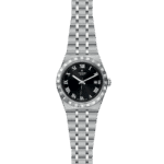 Elegant Tudor watch with black dial, stainless steel band, and classic Roman numeral markers.