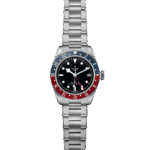 Tudor dive watch with black dial, red and blue bezel, and durable stainless-steel bracelet.