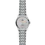 Elegant Tudor watch with stainless steel case, silver sunburst dial, and orange accents.