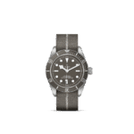 Tudor dive watch featuring stainless steel, gray dial, and rugged fabric strap for elegance and functionality.