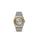 Elegant Tudor watch in stainless steel and gold, featuring a silver dial and Roman numerals.