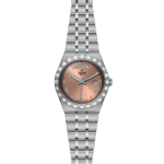 Stylish Tudor wristwatch with rose-gold dial, stainless steel case, and elegant bracelet design.