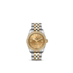 Luxury diamond watch with gold sunburst dial and stainless steel bracelet for elegant style.