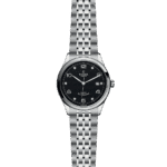 Elegant Tudor watch in stainless steel, featuring a black dial and automatic movement.