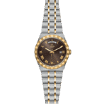 Tudor luxury watch featuring a stainless steel and gold design with a brown dial and Roman numerals.