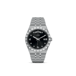 Stylish Tudor watch with stainless steel case, black dial, day and date indicators.