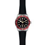 Tudor diving watch with red bezel, black dial, and rubber strap combines style and functionality.