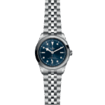 Elegant Tudor wristwatch with blue dial, diamond markers, and stainless steel bracelet.